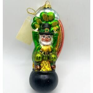 Vintage Leprechaun Pot Of Gold Rainbow 5” Christmas Blown Glass Ornament Irish